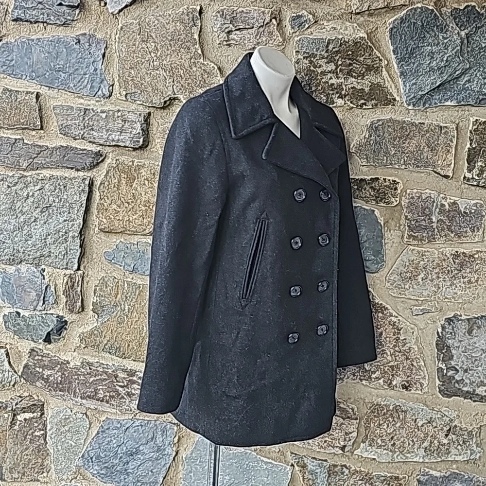 J Crew Vintage  Charcoal Dark Gray Wool Double Breasted Pea Coat M - Picture 3 of 9